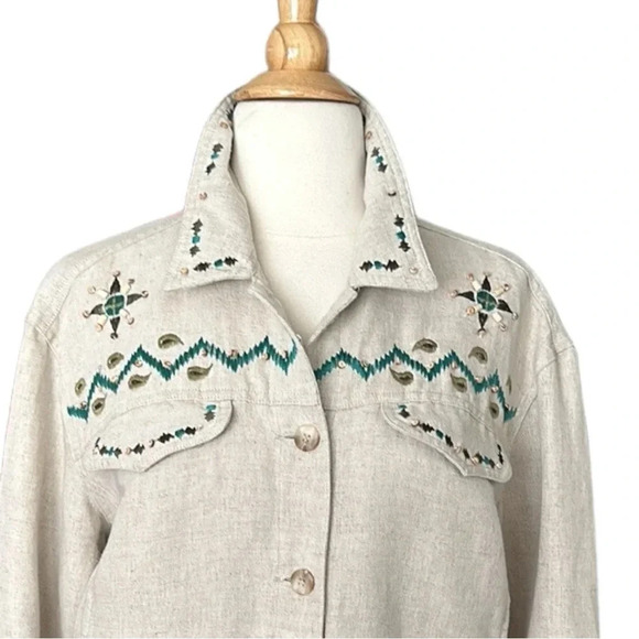Vintage Y2K Embroidered Cropped Linen Blend Western Shirt Jacket Size Large - Picture 4 of 16